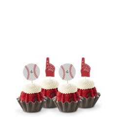 Red Velvet flavored mini bundt cakes topped with frosting with baseball and #1 foam finger toppers.