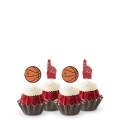 Mini bundt cakes topped with frosting in assorted flavors with a basketball topper and a #1 foam finger.