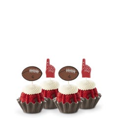 Mini bundt cakes topped with frosting in assorted flavors with a football topper and a #1 foam finger.