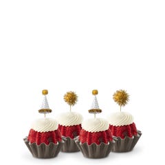 Cupcake sized bundt cakes in Red Velvet flavor with options for decorative toppers. 