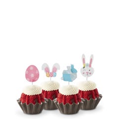 Easter-themed Red Velvet mini Bundt cakes with festive bunny and egg toppers, showcasing a variety of flavors and designs.