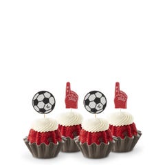 Mini bundt cakes in Red Velvet flavor topped with frosting in assorted flavors with a soccer ball topper and a #1 foam finger.