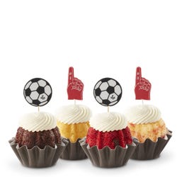 Mini bundt cakes topped with frosting in assorted flavors with a soccer ball topper and a #1 foam finger.