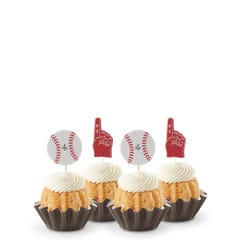 Strawberries & Cream flavored mini bundt cakes topped with frosting with baseball and #1 foam finger toppers.