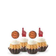 Mini bundt cakes topped with frosting in assorted flavors with a basketball topper and a #1 foam finger.