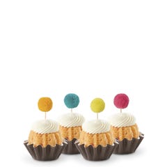 Dozen Strawberries & Cream Bundtinis with orange, blue, yellow, and pink confetti pom pom toppers