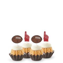 Mini bundt cakes topped with frosting in assorted flavors with a football topper and a #1 foam finger.