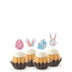 Easter-themed Strawberries & Cream mini Bundt cakes with festive bunny and egg toppers, showcasing a variety of flavors and designs.