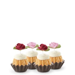 Cupcake sized bundt cakes in Strawberries & Cream flavor with a pink and red rose toppers