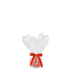 Personal size Strawberries & Cream bundt cake, packaged in a plastic container and gift-wrapped in cellophane. 