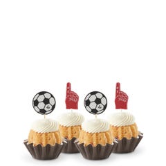 Mini bundt cakes in Strawberries & Cream flavor topped with frosting in assorted flavors with a soccer ball topper and a #1 foam finger.