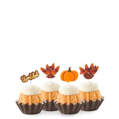 New! Strawberries & Cream Thankful Turkey Bundtinis® topped with frosting and decorated with pumpkin and turkey toppers as well as a topper with Thankful written in cursive. 