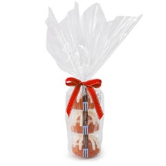 Three personal-size Strawberries & Cream bundt cakes stacked vertically, packaged in a plastic container and gift-wrapped in cellophane. 