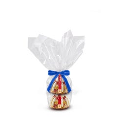 2 individually packaged Key Lime Bundtlets gift wrapped in cellophane with a blue stitched ribbon.
