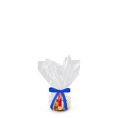 One individually packaged Key Lime Bundtlet gift wrapped in cellophane with a blue stitched ribbon.