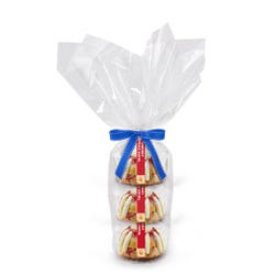 3 individually packaged Key Lime Bundtlets gift wrapped in cellophane with a blue stitched ribbon.