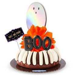 Chocolate Chocolate Chip Bundt Cake with holographic ghost deco, 3D "BOO" deco, orange bow, with a "Sweet and Spooky" quote card