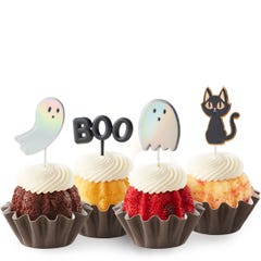 Assorted Bundtinis with holographic ghosts, "BOO", and black cat toppers