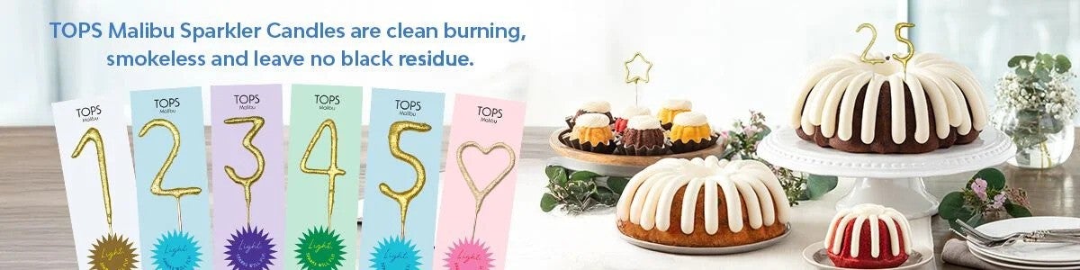 Sparkler from 0 to 9, star and heart shapes. Table with Bundt Cake, Bundtinis and Bundtlet on a table.