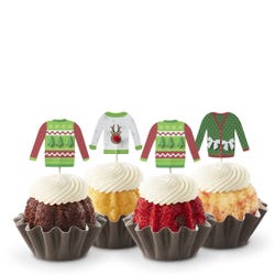 Last Chance! Each Bundtini® is adorned with a festive holiday topper made up of different ugly Christmas sweaters. 