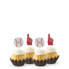 Vanilla flavored mini bundt cakes topped with frosting with baseball and #1 foam finger toppers.