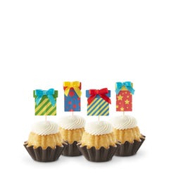 Cupcake-sized mini cakes with frosting and birthday present toppers with different celebratory designs.