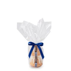 Two personal-size Vanilla bundt cakes stacked vertically, packaged in a plastic container and gift-wrapped in cellophane. 
