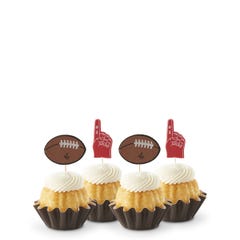 Mini bundt cakes topped with frosting in assorted flavors with a football topper and a #1 foam finger.