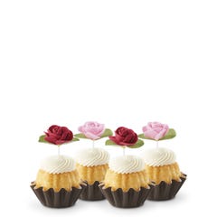 Cupcake sized bundt cakes in Vanilla flavor with a pink and red rose toppers