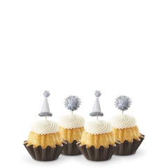 Vanilla mini Bundt cakes (Bundtinis®) each topped with creamy white frosting and adorned with silver party hats and matching silver pom-poms.