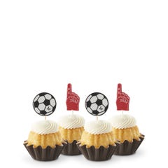 Mini bundt cakes in Vanilla flavor topped with frosting in assorted flavors with a soccer ball topper and a #1 foam finger.