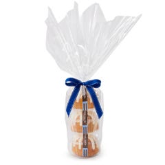 Three personal-size Vanilla bundt cakes stacked vertically, packaged in a plastic container and gift-wrapped in cellophane. 