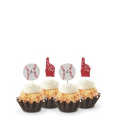 White Chocolate Raspberry flavored mini bundt cakes topped with frosting with baseball and #1 foam finger toppers.