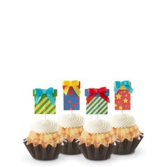 Cupcake-sized mini cakes with frosting and birthday present toppers with different celebratory designs.