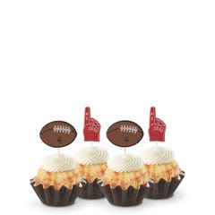Mini bundt cakes topped with frosting in assorted flavors with a football topper and a #1 foam finger.