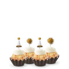 White Chocolate Raspberry mini Bundt cakes (Bundtinis®) each topped with creamy white frosting and adorned with gold party hats and matching gold pom-poms.