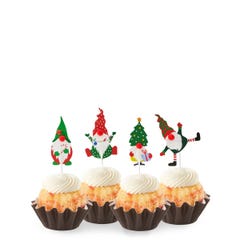 White Chocolate Raspberry mini bundt cakes topped with four Christmas-themed gnome decorations: one in green with a mistletoe, one in red with a tree, one in stripes with a gift, and one in red and white.