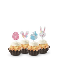 Easter-themed White Chocolate Raspberry mini Bundt cakes with festive bunny and egg toppers, showcasing a variety of flavors and designs.