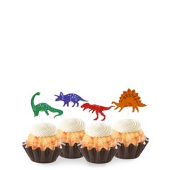 White Chocolate Raspberry Bundtinis® topped with frosting and decorated with green, purple, red and orange dinosaurs.