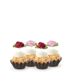 Cupcake sized bundt cakes in White Chocolate Raspberry flavor with a pink and red rose toppers