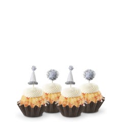White Chocolate Raspberry mini Bundt cakes (Bundtinis®) each topped with creamy white frosting and adorned with silver party hats and matching silver pom-poms.