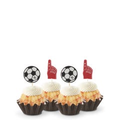 Mini bundt cakes in White Chocolate Raspberry flavor topped with frosting in assorted flavors with a soccer ball topper and a #1 foam finger.