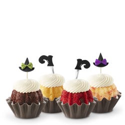 Last Chance! Mini bundt cakes with frosting and topped with a witch hat and a witch boot. 