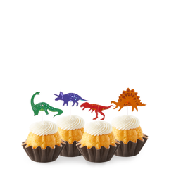 Bundtinis® topped with frosting and decorated with green, purple, red and orange dinosaurs.