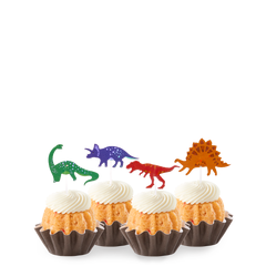 Bundtinis® topped with frosting and decorated with green, purple, red and orange dinosaurs.
