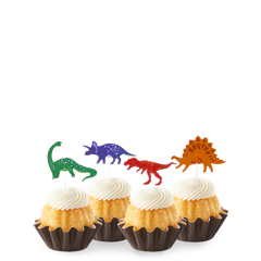 Bundtinis® topped with frosting and decorated with green, purple, red and orange dinosaurs.